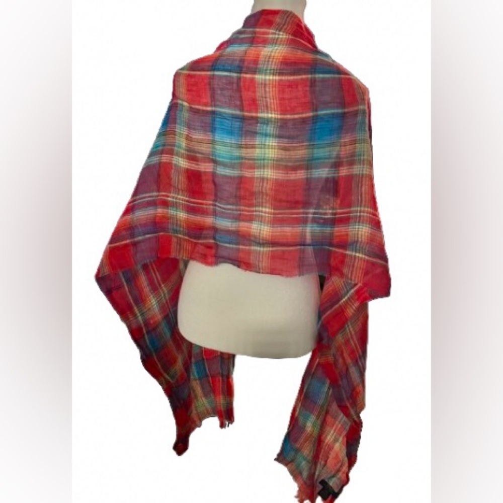 Polo Ralph Lauren Linen Plaid Red Aqua Colorful Linen Scarf Logo Embroidered